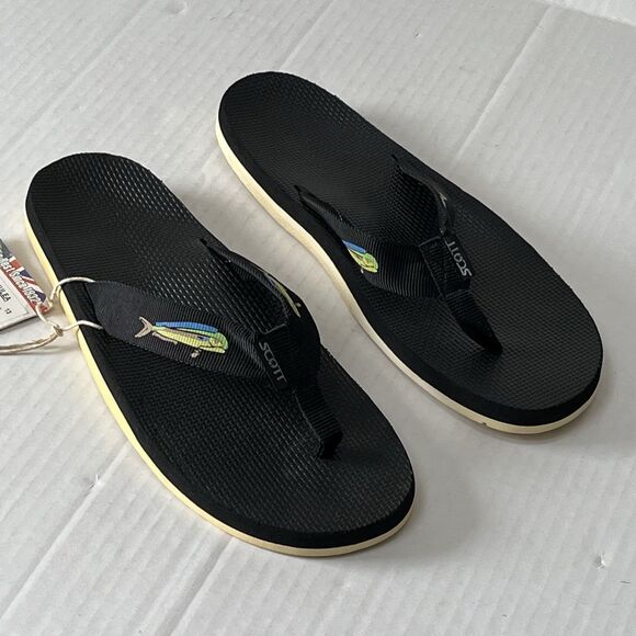 Scott Hawaii Mens 13 Hokulea Flip Flop Black Mahi Fish Rubber Boating Sandals - Picture 1 of 10